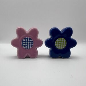 Room Essentials Flower Salt and Pepper Shakers Pink Blue Checkered Stoneware NEW